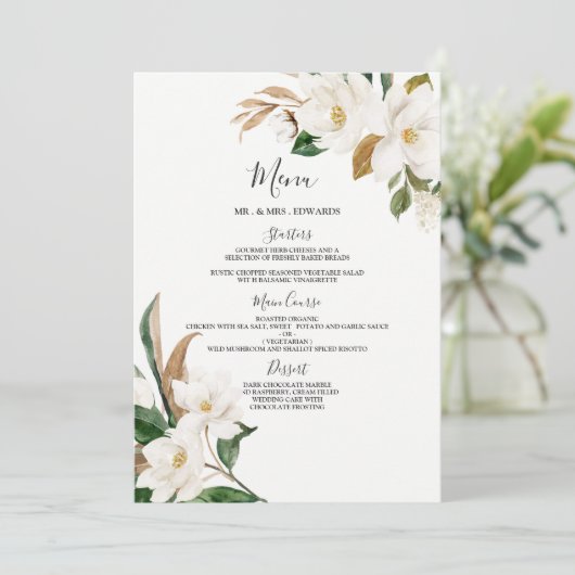Elegant White Flowers Wedding or Dinner Party Menu (Staand voorkant)