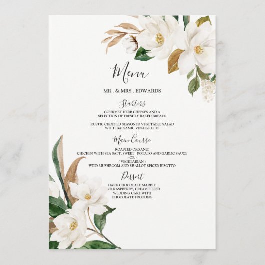 Elegant White Flowers Wedding or Dinner Party Menu (Voorkant)