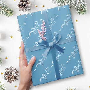 Elegant White Foliage Pattern on Blue Cadeaupapier
