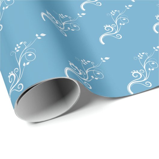 Elegant White Foliage Pattern on Blue Cadeaupapier (Rol Hoek)