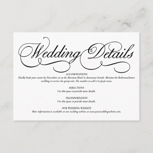 Elegant White Formal Wedding Details Card Informatiekaartje (Voorkant)