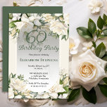 Elegant White Gardenia Floral 60th Birthday Party Kaart<br><div class="desc">Celebrate a milestone birthday with timeless elegance. This sophisticated 60th birthday party invitation features a soft botanical frame of white gardenia and lily florals and delicate greenery surrounding a refined sage green background. The graceful oval frame and classic typography create a polished, upscale look perfect for a stylish birthday celebration....</div>
