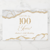 Elegant White Gold Agate 100th Birthday Party Mini Sparkling Wijnetiket (Enkel label)