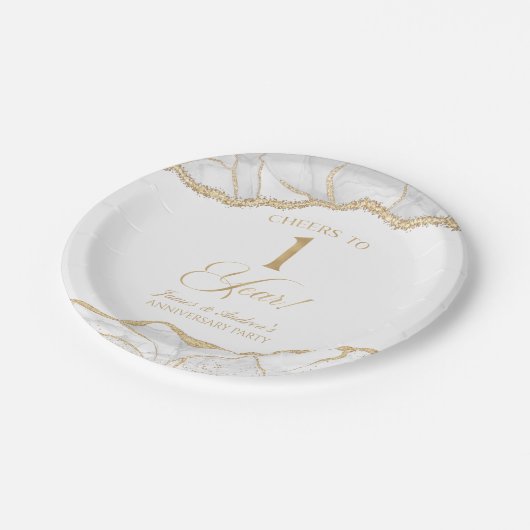 Elegant White Gold Agate 1st Anniversary Party Papieren Bordje (Gekanteld)
