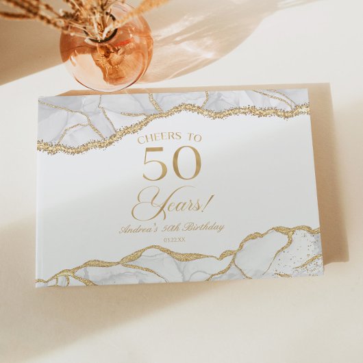 Elegant White Gold Agate 50th Birthday Party Gastenboek