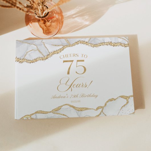 Elegant White Gold Agate 75th Birthday Party Gastenboek