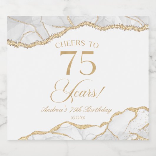 Elegant White Gold Agate 75th Birthday Party Sparkling Wijnetiket (Enkel label)