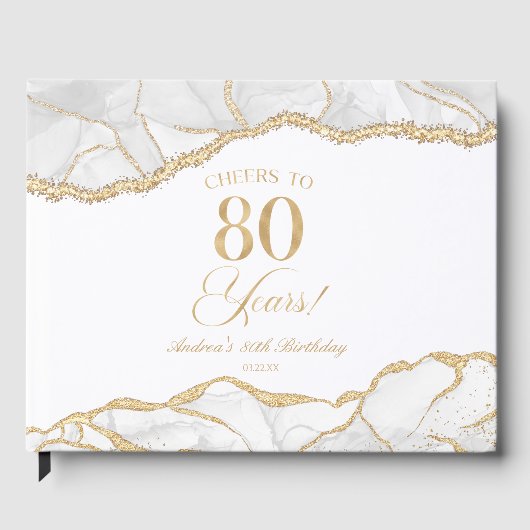 Elegant White Gold Agate 80th Birthday Party Gastenboek (Voorkant)
