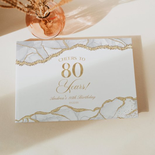 Elegant White Gold Agate 80th Birthday Party Gastenboek
