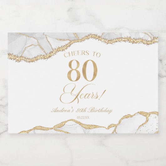 Elegant White Gold Agate 80th Birthday Party Mini Sparkling Wijnetiket (Enkel label)