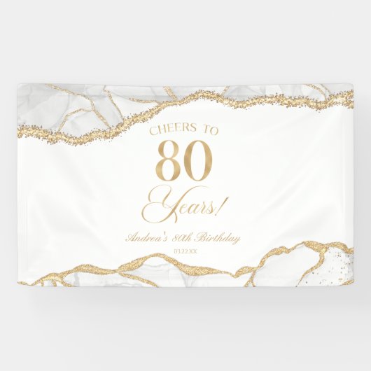 Elegant White Gold Agate 80th Birthday Party Spandoek (Horizontaal)