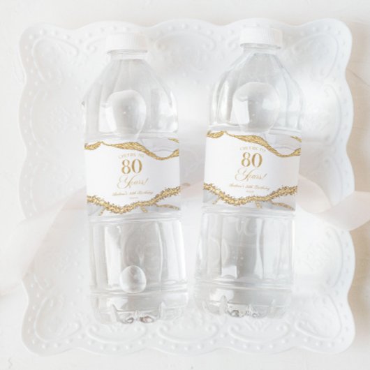 Elegant White Gold Agate 80th Birthday Party Waterfles Etiket