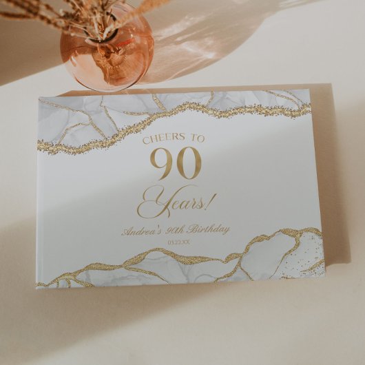 Elegant White Gold Agate 90th Birthday Party Gastenboek