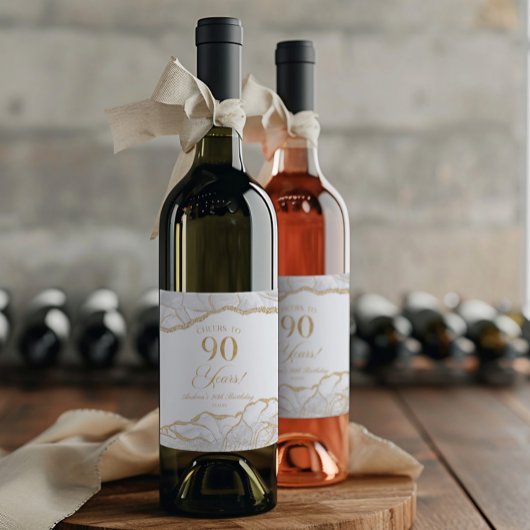 Elegant White Gold Agate 90th Birthday Party Wijn Etiket