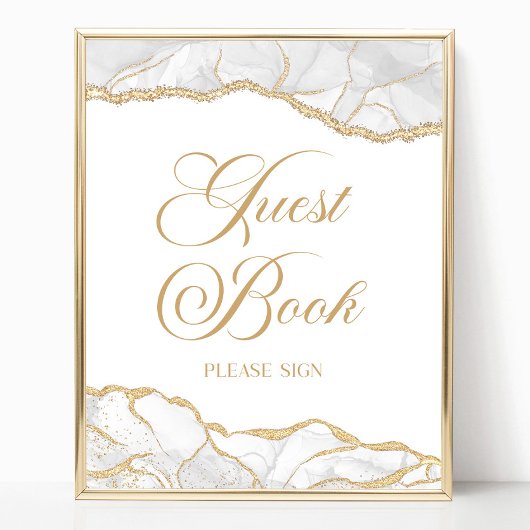 Elegant White Gold Agate Guest Book Sign Poster