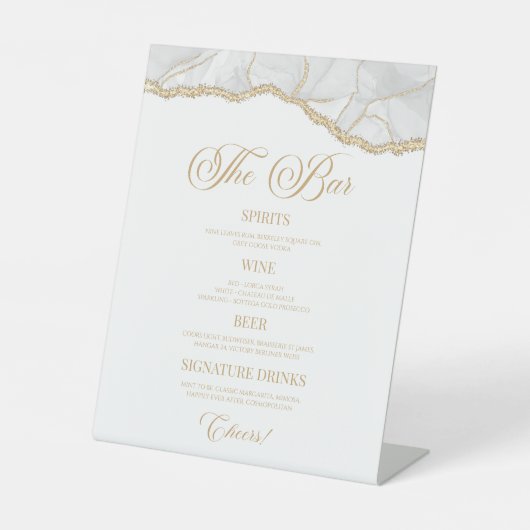 Elegant White Gold Agate Party Bar Menu Reclamebord Met Voetstuk (Voorkant)