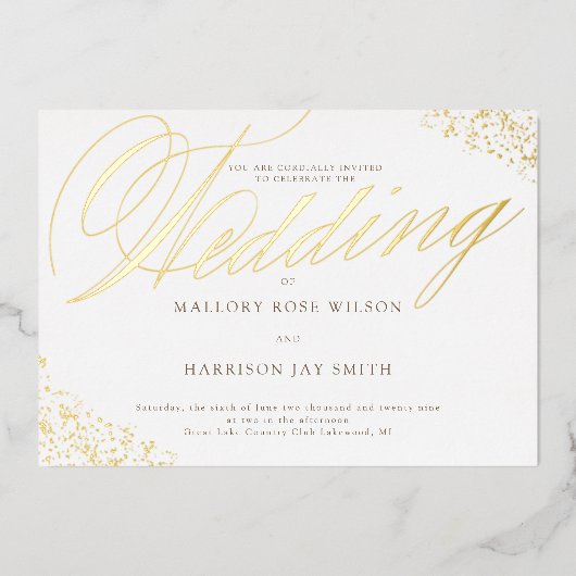 Elegant White Gold Calligraphy Wedding Invitation Folie Uitnodiging (Voorkant)