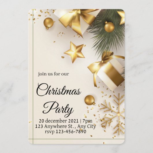 Elegant White & Gold Christmas Party Invitation Kaart (Voorkant)