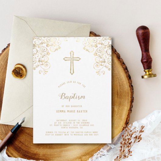Elegant White Gold Cross Baptisme Invitation Kaart