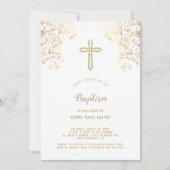 Elegant White Gold Cross Baptisme Invitation Kaart (Voorkant)