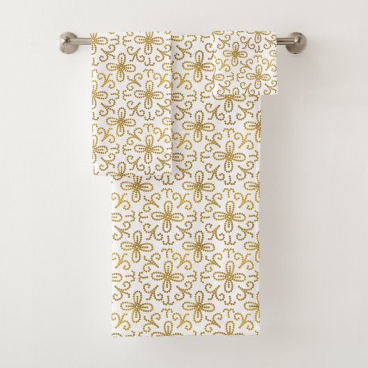 Elegant White Gold Dotted Flower Tile Pattern Bad Handdoek (Insitu)