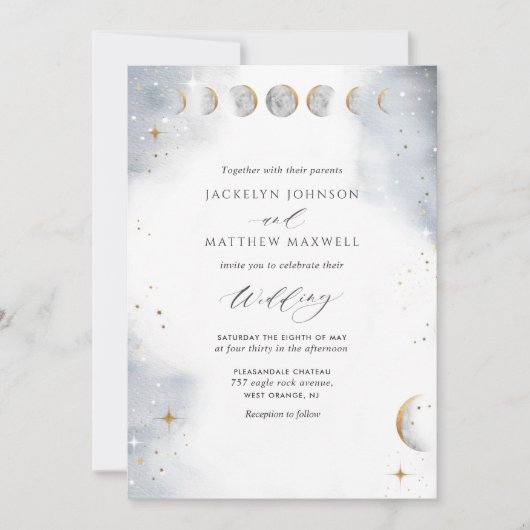 Elegant White, Gold en Silver Celestial Wedding Kaart (Voorkant)