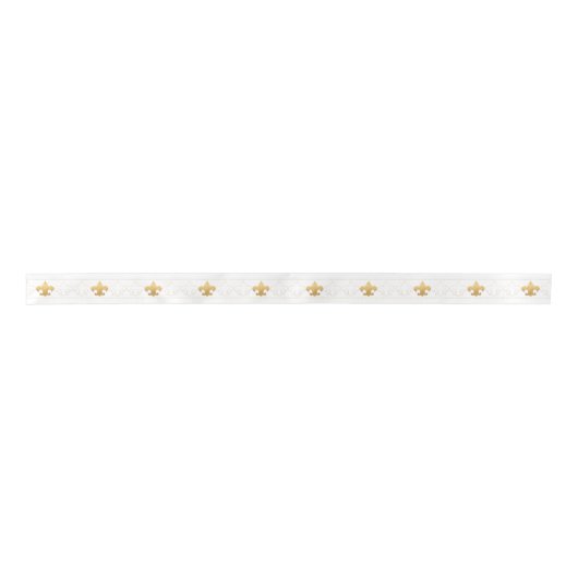 Elegant White & Gold Fleur De Lis Ribbon Satijnen Lint (Voorkant)