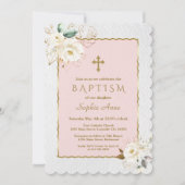 Elegant White Gold Floral Cross Girl Baptisme Kaart (Voorkant)