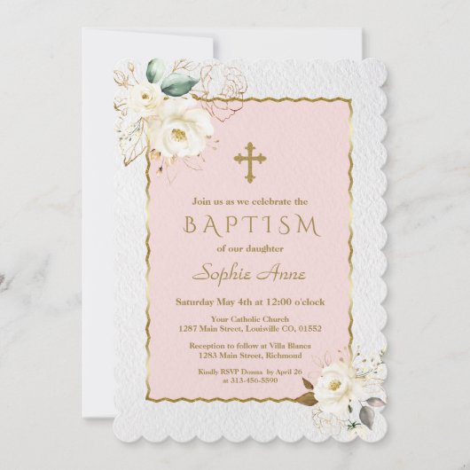 Elegant White Gold Floral Cross Girl Baptisme Kaart (Voorkant)