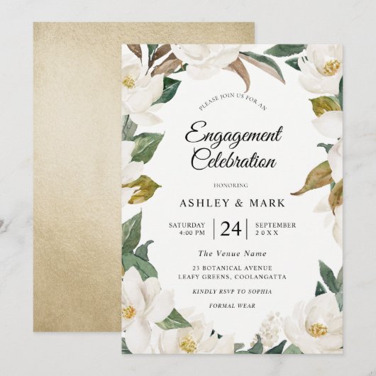 Elegant White Gold Floral Engagement Party Kaart (Voorkant / Achterkant)