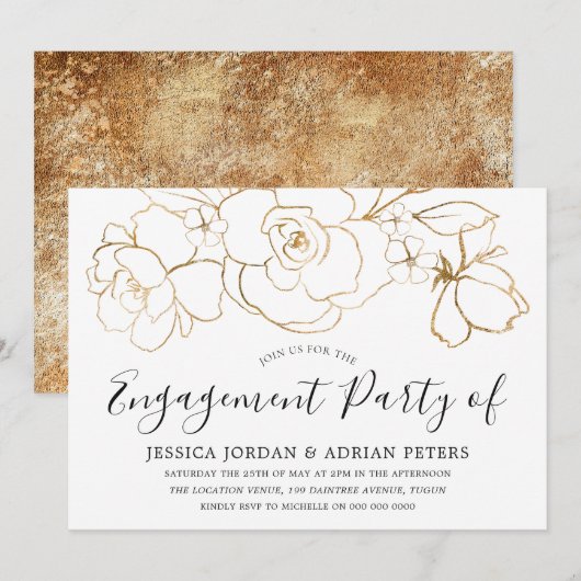 Elegant White & Gold Floral Engagement Party Kaart (Voorkant / Achterkant)