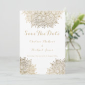 Elegant white gold floral mandala Save the Date Kaart (Staand voorkant)