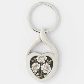 Elegant White & Gold Floral Rose heart key– Luxury Sleutelhanger