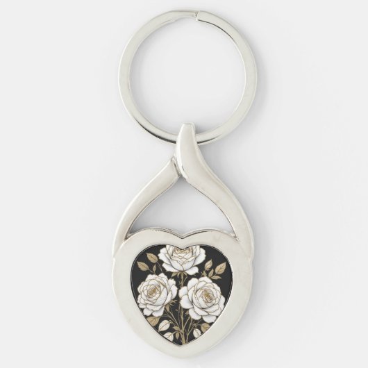 Elegant White & Gold Floral Rose heart key– Luxury Sleutelhanger (Voorkant)