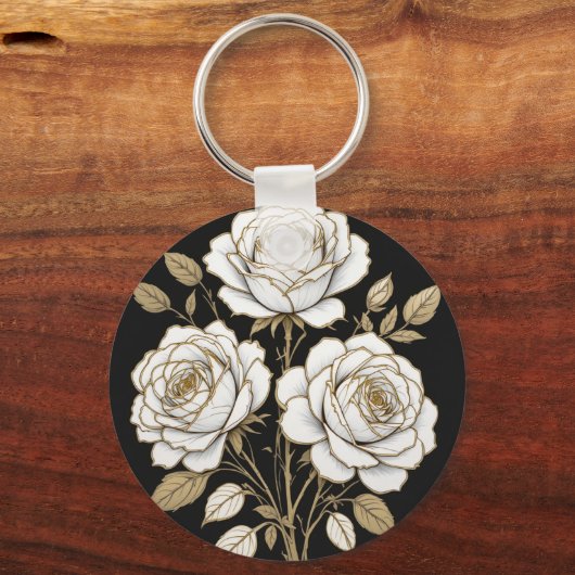 Elegant White & Gold Floral Rose Keychain – Luxury (Voorkant)