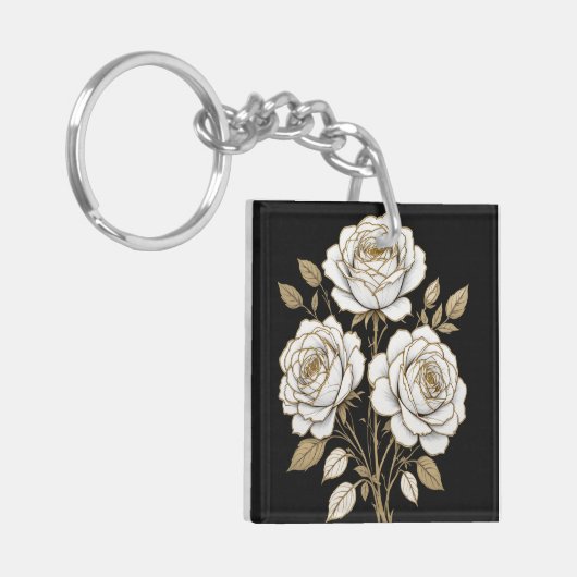Elegant White & Gold Floral Rose Keychain – Luxury (Voorkant Links)