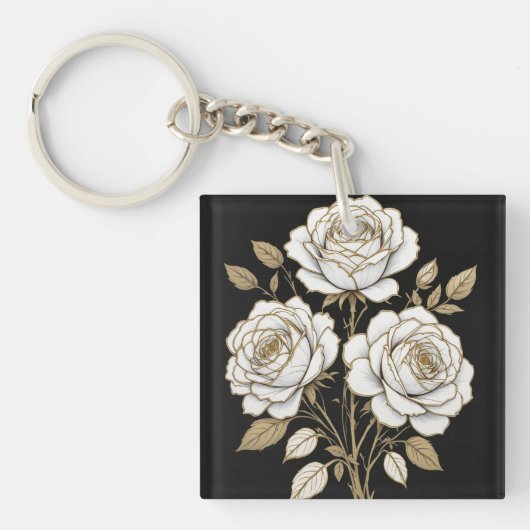 Elegant White & Gold Floral Rose Keychain – Luxury (Voorkant)