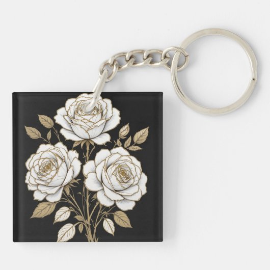 Elegant White & Gold Floral Rose Keychain – Luxury (Achterkant)
