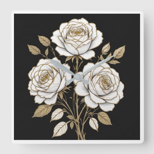 Elegant White & Gold Floral Rose Wall Clock Vierkante Klok (Voorkant)
