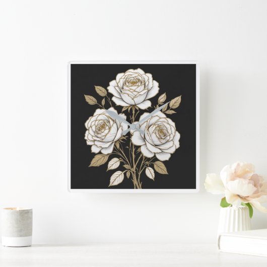 Elegant White & Gold Floral Rose Wall Clock Vierkante Klok (Huis)