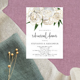 Elegant White Gold Floral Script Rehearsal Dinner Kaart