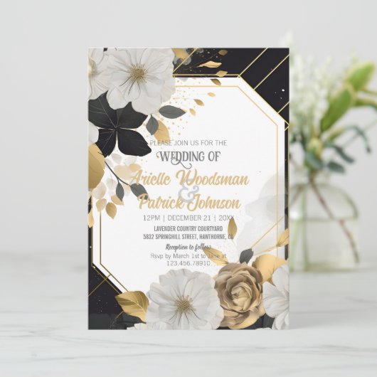 Elegant White Gold Floral Wedding Black Lijst Kaart (Staand voorkant)