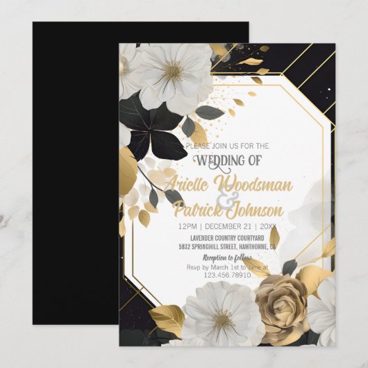 Elegant White Gold Floral Wedding Black Lijst Kaart (Voorkant / Achterkant)