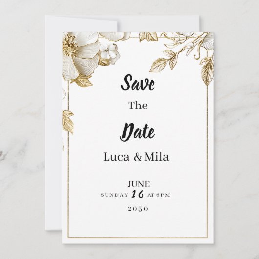 Elegant white gold flower typography Save the Date Kaart (Voorkant)