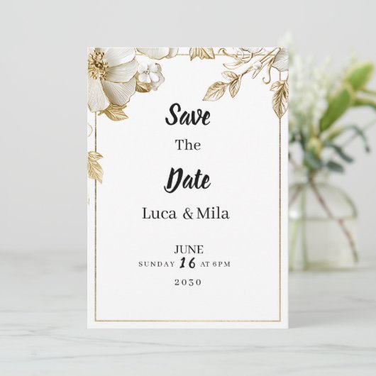 Elegant white gold flower typography Save the Date Kaart (Staand voorkant)
