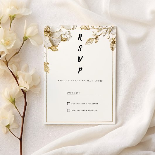Elegant white gold flowers typography RSVP Kaart