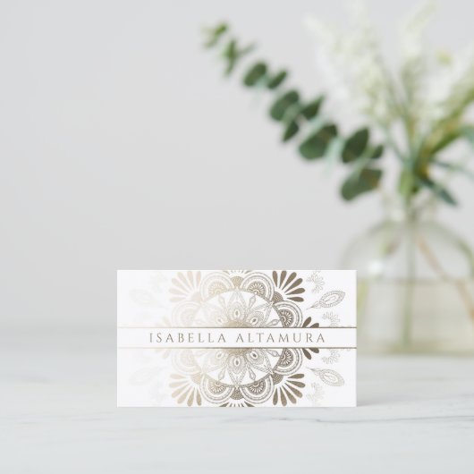 Elegant White & Gold Foil Mandala Visitekaartjes (Staand voorkant)