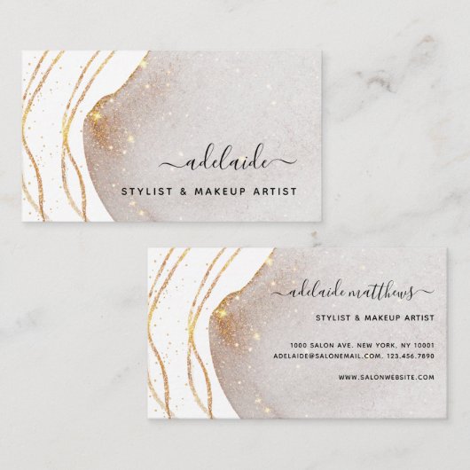 Elegant White Gold Glitter Signature Script Agate Visitekaartje (Voorkant / Achterkant)