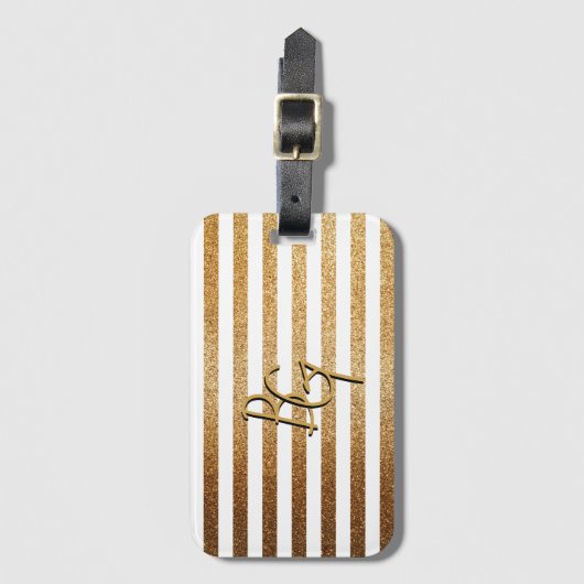Elegant White Gold Glitter Stripe Monogram Bagagelabel (Voorkant (verticaal))