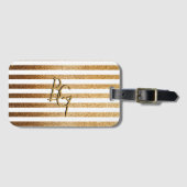 Elegant White Gold Glitter Stripe Monogram Bagagelabel (Voorkant (horizontaal))
